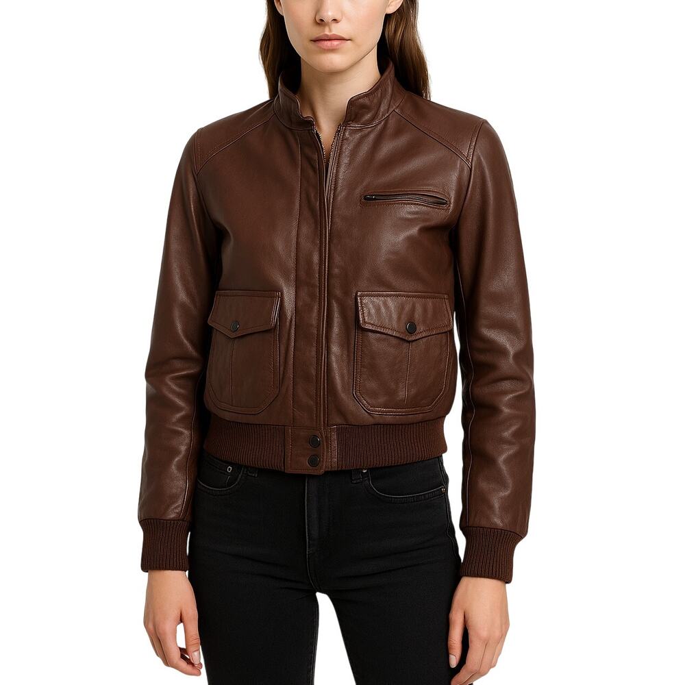 Vintage Verducci Brown Leather Bomber Jacket Zip Front Pockets Women’s Size 8